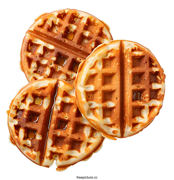 [Transparent Background PNG]Three round waffles with maple syrup on a white background