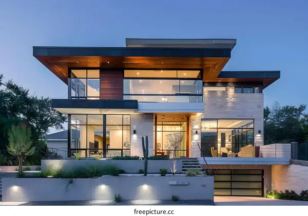 Modern House with Large Windows and Stone Facade
