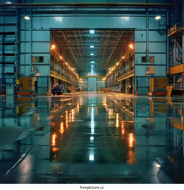 Large empty factory building with shiny reflective floor