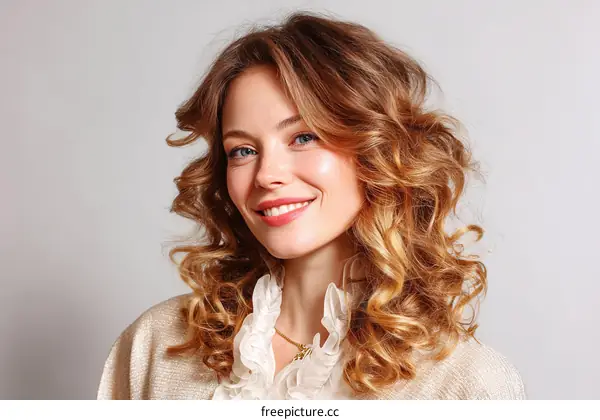Beautiful Woman with Curly Blonde Hair Closeup Portrait