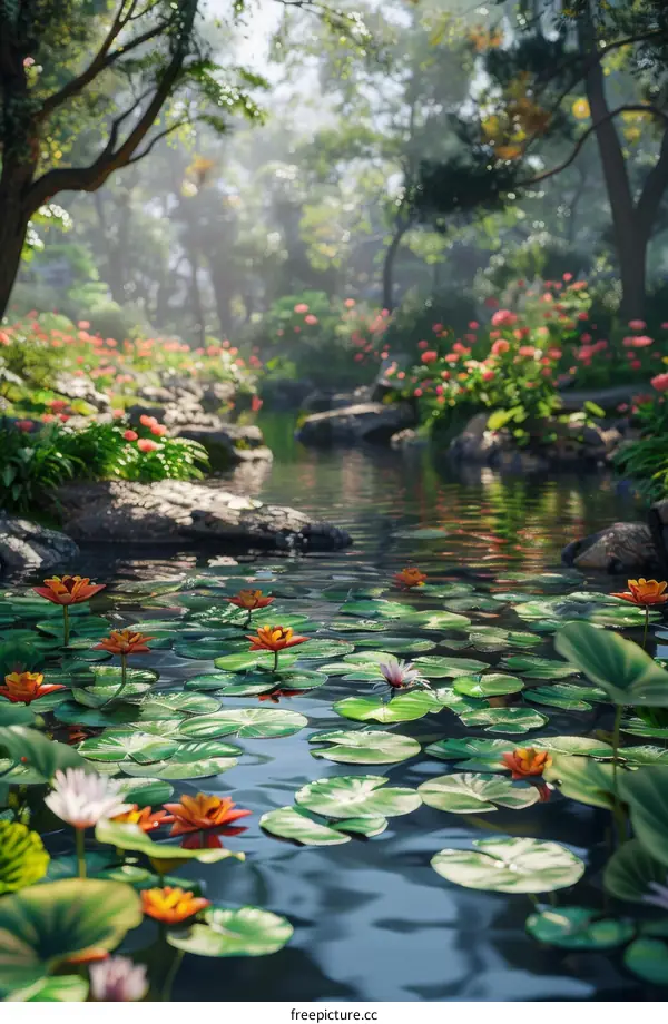 Colorful Water Lilies in a Serene Forest Pond
