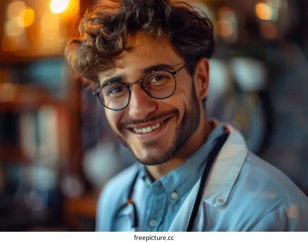 Portrait of a smiling male doctor with curly hair and glasses