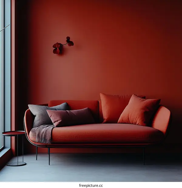 Modern Living Room Interior Design with Deep Red Sofa