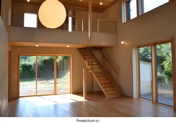 Modern Wooden House Interior With Staircase And Large Windows