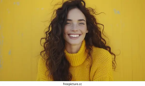 portrait of a smiling young woman with long brown hair wearing a yellow turtleneck sweater