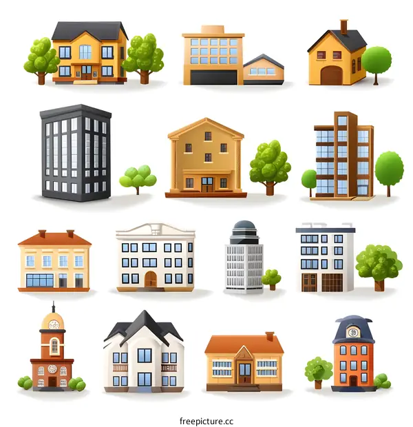 Set of Cartoon Buildings with Flat Design