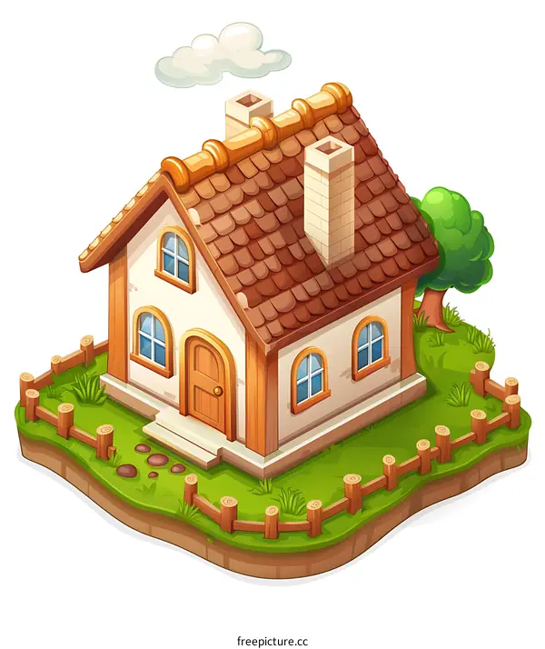 Cartoon Illustration of a House with a Fence and a Tree