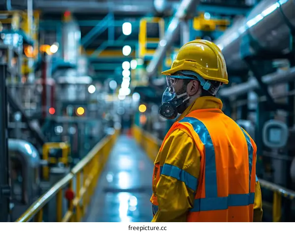 Industrial worker wearing protective gear in a factory