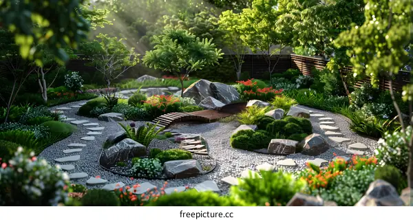 Japanese Zen garden with stone lantern and raked gravel