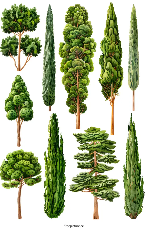 Watercolor Set of Green Trees