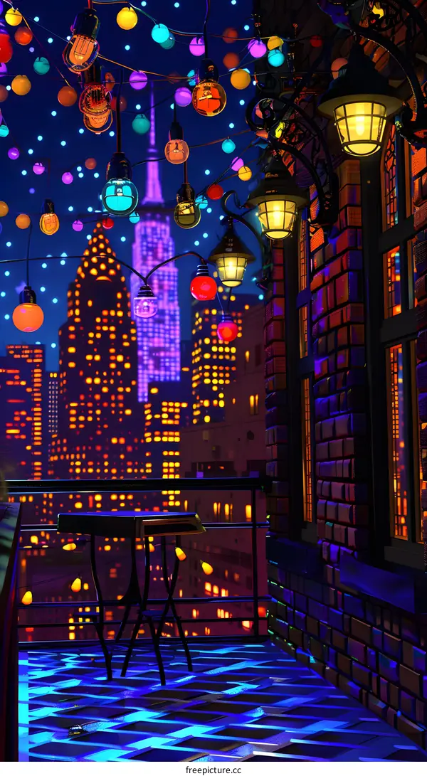 Night View From Rooftop Balcony With Cityscape Lights