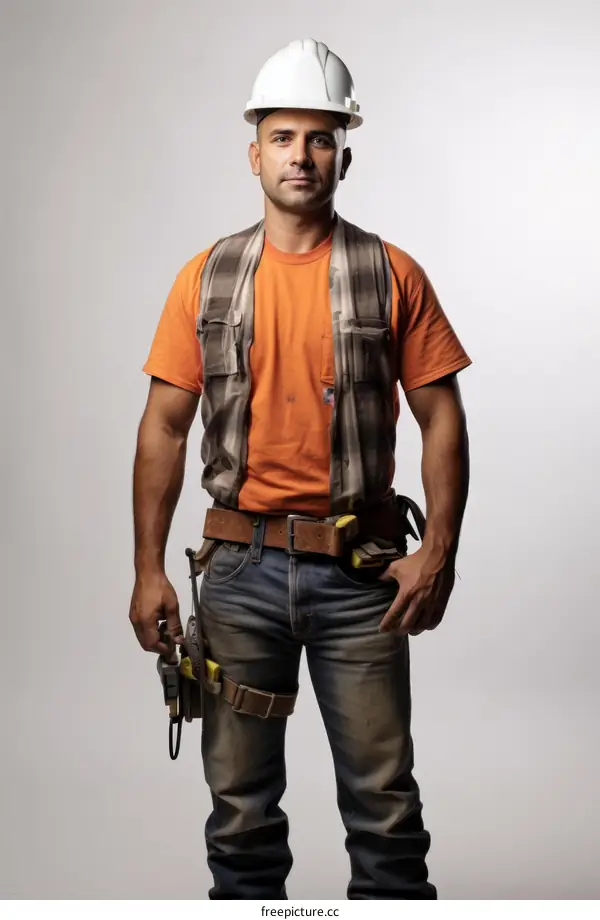 Construction worker wearing hard hat and tool belt
