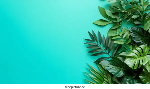 Tropical Green Leaves on a Turquoise Background