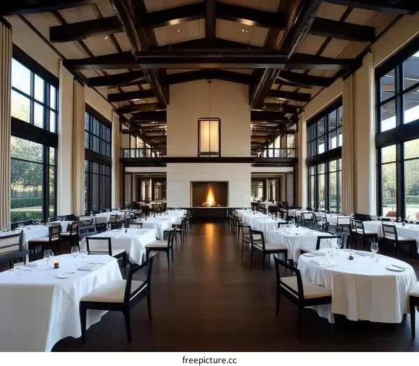 Modern Elegant Dining Hall with Large Windows