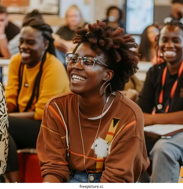 Young Black Woman Smiling in a Group of People