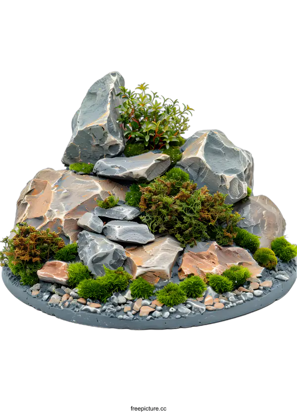 [Transparent Background PNG]Rock Garden With Green Plants And Grey Stones