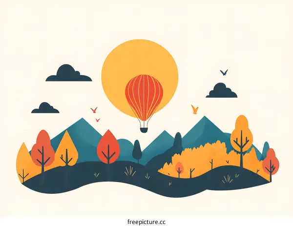 Hot Air Balloon Flying Over Mountains and Trees Illustration
