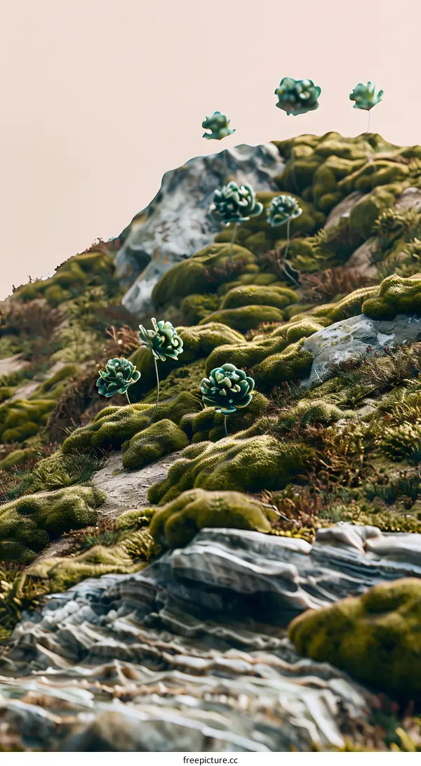 Moss Covered Rocks With Green Flowers