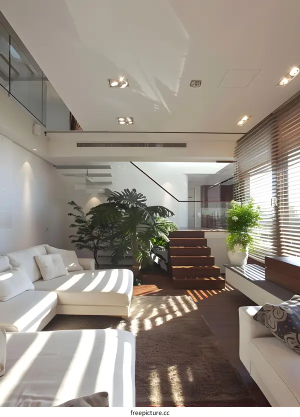 Modern Living Room Interior Design with White Sofa and Stairs