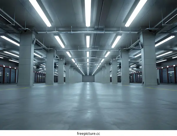 Empty Underground Parking Garage With Fluorescent Lights