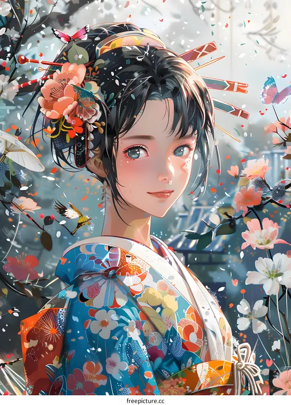Anime Girl Wearing a Traditional Japanese Kimono With Cherry Blossoms