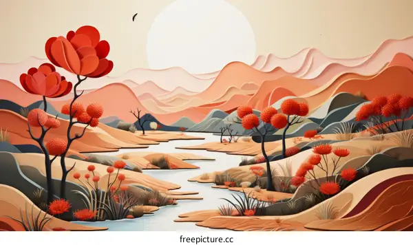 Desert oasis with red trees and mountains in the background