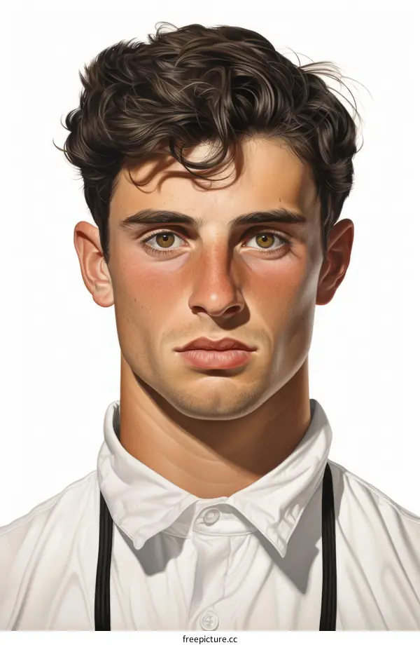 Portrait of a young man with brown hair and green eyes in white shirt and black apron