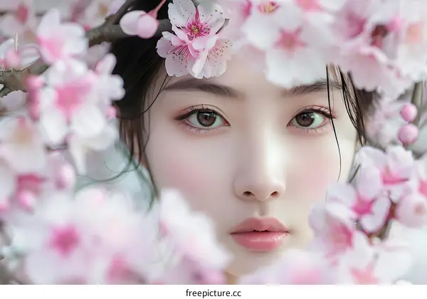 Portrait of a young Asian woman surrounded by pink cherry blossoms