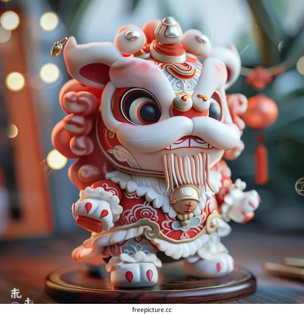 A cute and festive illustration of a lion dancer in traditional Chinese New Year attire