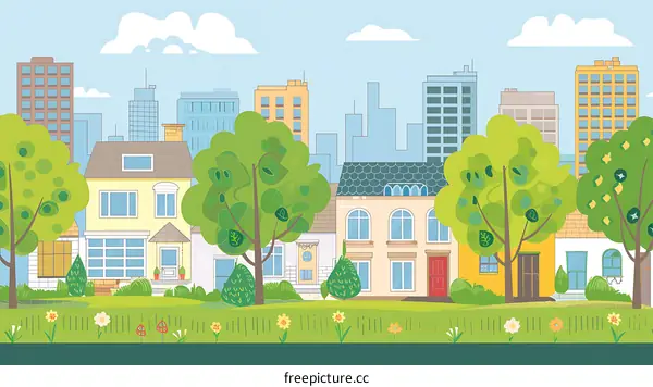 Green City Landscape Illustration With Houses And Trees