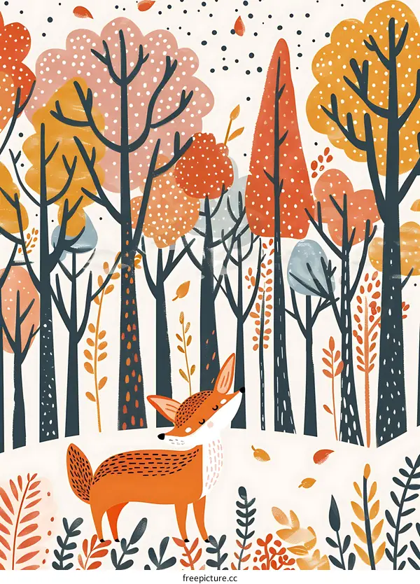 Cute Fox In Fall Forest Illustration