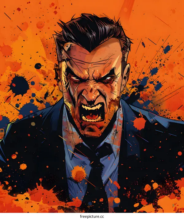 A man in a suit is yelling with an angry expression on his face, and there are paint stains all around him.