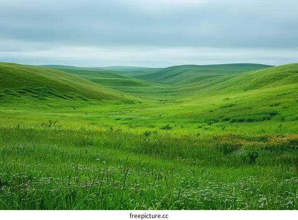 Green rolling hills under cloudy sky