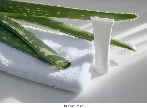 Aloe Vera Plant Leaves and Cream Tube on Towel