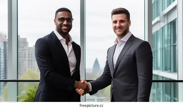 Two businessmen shaking hands in an office building with a modern glass facade and a view of the city