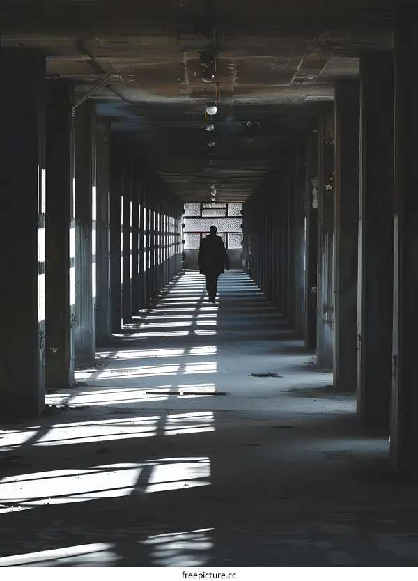 Man Walking Through A Dark Abandoned Building Hallway