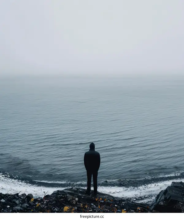 Man standing alone on the rocky beach looking out at the vast ocean