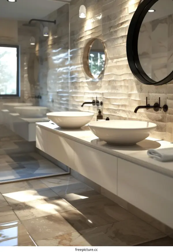 Modern Bathroom with Beige Tile Wall and White Cabinets