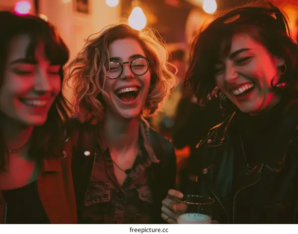 Three young women laughing and drinking at a bar