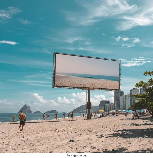Beach billboard with Copacabana beach in the background in Rio de Janeiro, Brazil