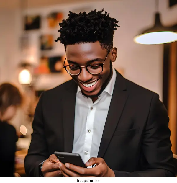 Smiling Black Man Checking His Smartphone
