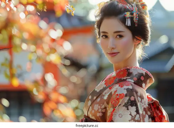 Portrait of a beautiful Japanese woman in traditional kimono