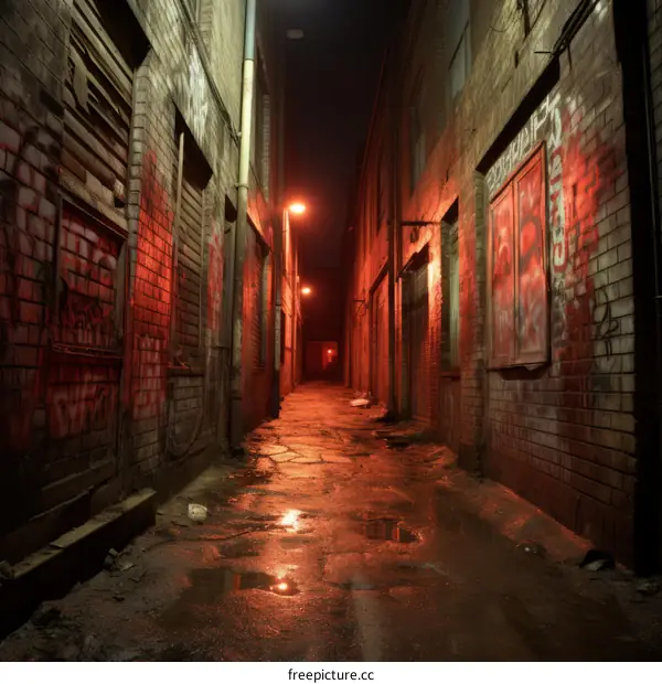 A dark and eerie alleyway with red lights