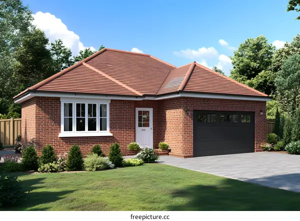 Modern Brick House with Garage and Green Lawn