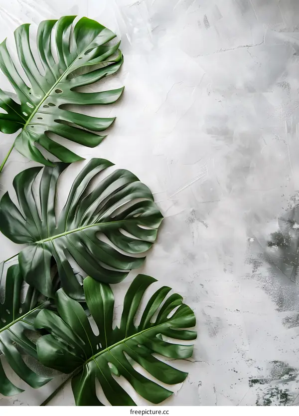 Green Tropical Leaves on Grey Background
