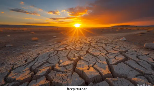 Arid desert landscape with cracked mudflats under a setting sun