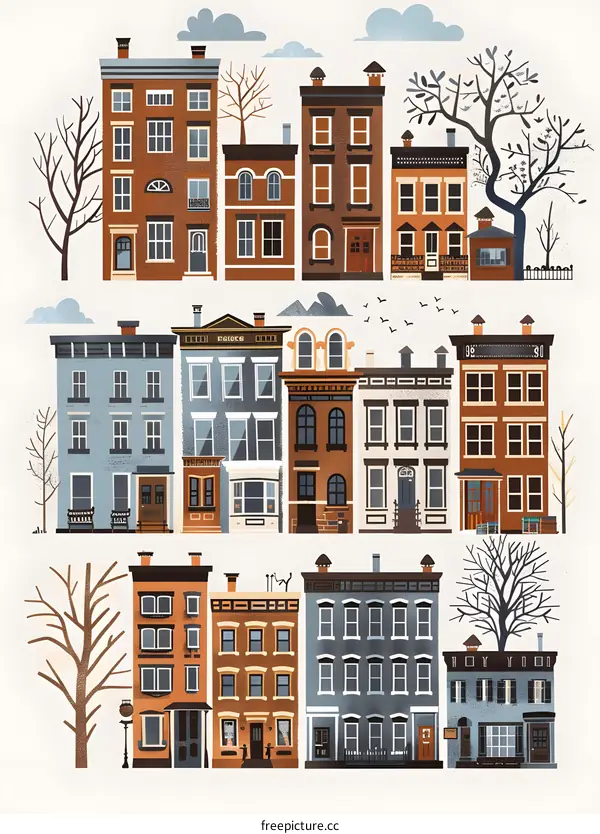 Colorful Illustration of a Row of Townhouses