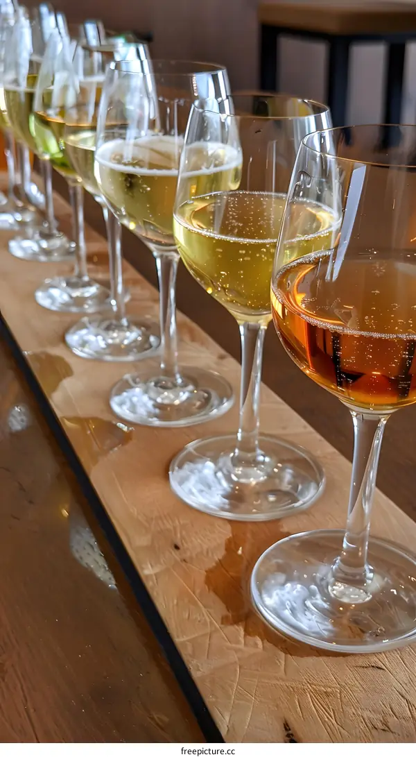Line of Wine Glasses on Wooden Board
