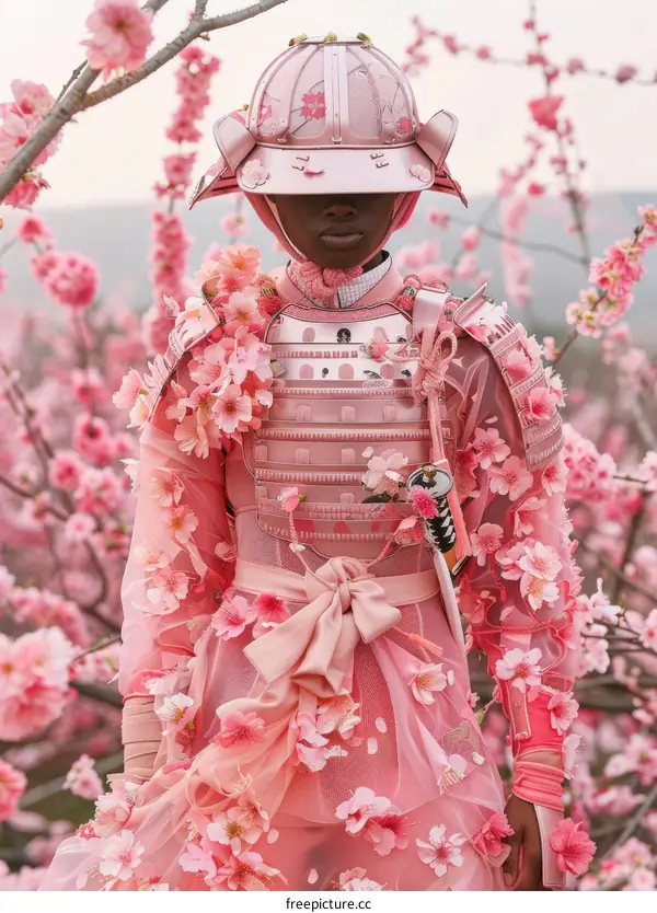 Black model in pink samurai armor and helmet surrounded by cherry blossoms