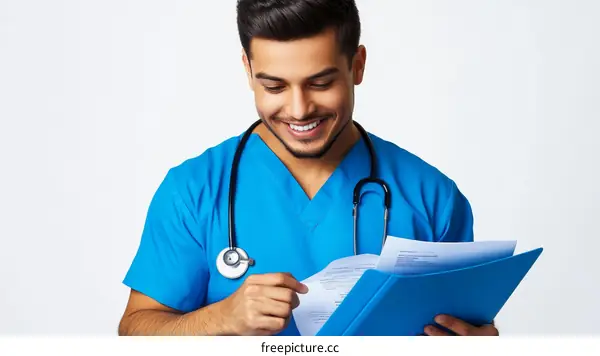 Smiling Doctor Reviewing Medical Records